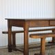 Farmhouse table and two benches, antique wooden farmhouse table, living room furniture, country style, chalet style, decor