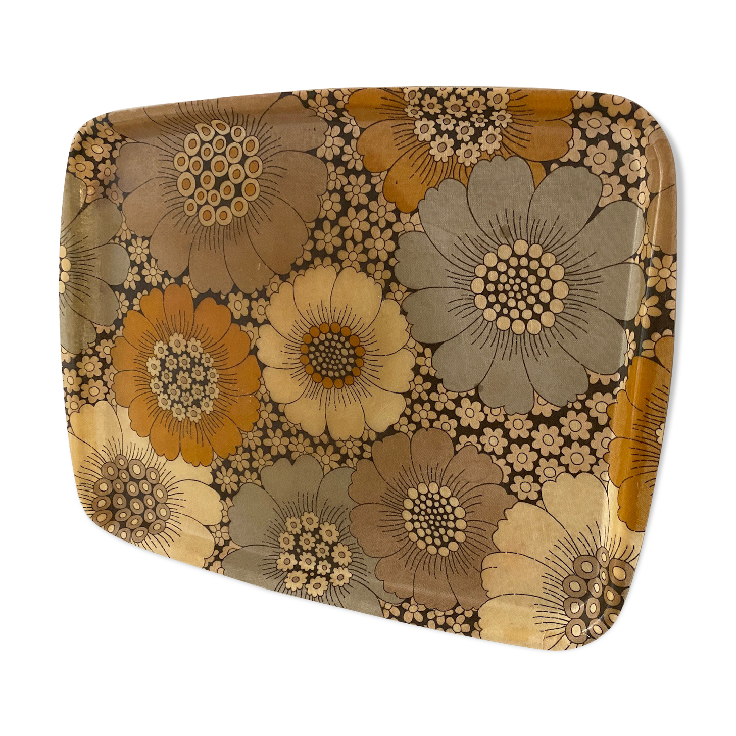 Vintage tray 60s / 70 resin fabric floral pattern, alpac diffusion, france