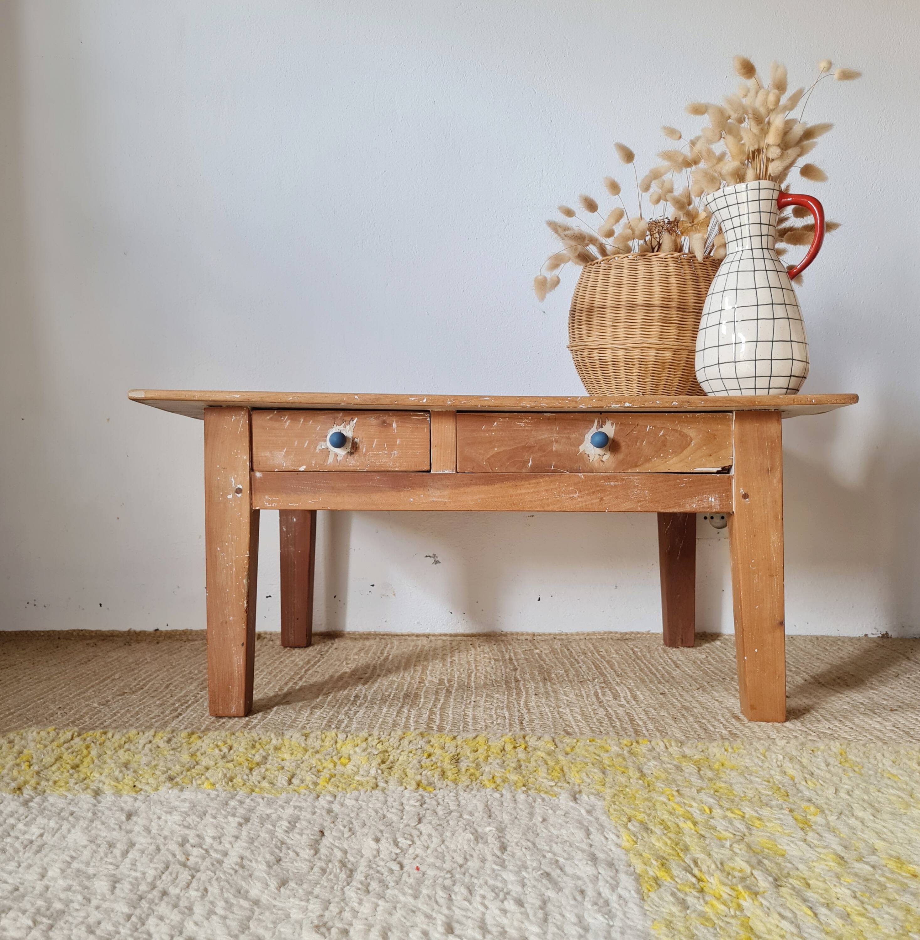 Table basse de ferme ancienne - 2 tiroirs