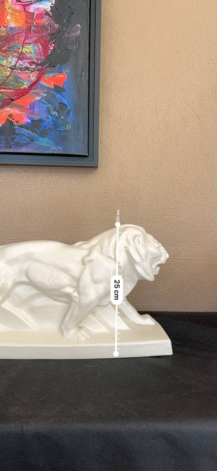 Grande Sculpture Lion Art Déco – Émail Craquelé – Peugeot, Le Jan, 1934 – Céramique