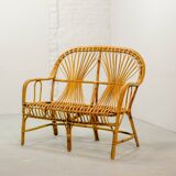 Elegant Rohé Style Vintage Design Rattan Bamboo Two-Seat Patio Sofa, 1950s.