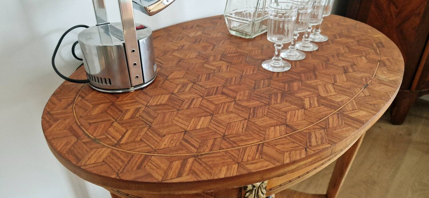 Mid-20th century marquetry pedestal table