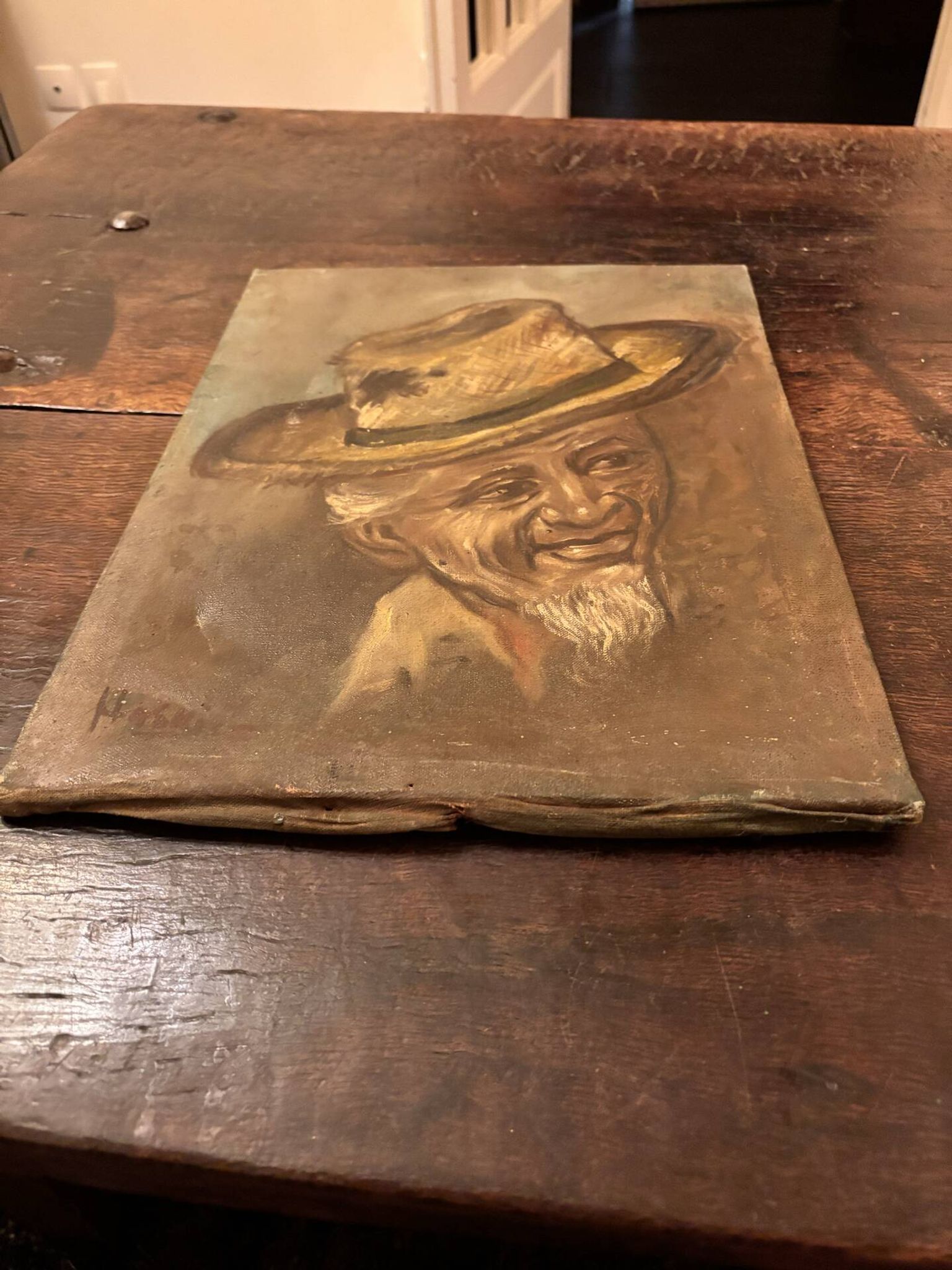 Old Table Oil on Canvas: Portrait of a Man in a Hat
