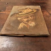 Old Table Oil on Canvas: Portrait of a Man in a Hat