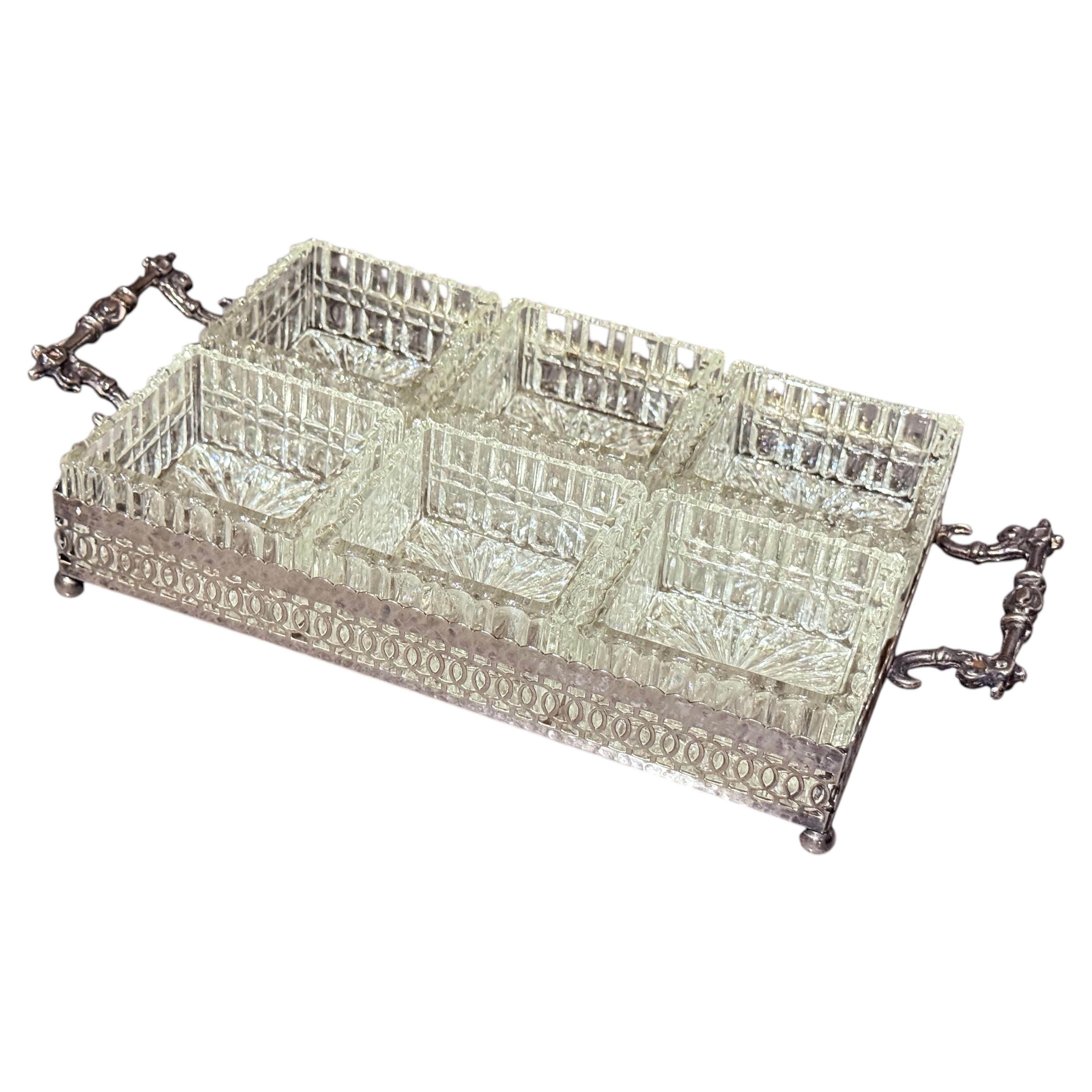 Silver-Plated Tray with Six Cut Glass Dishes, Vintage Entertaining Set