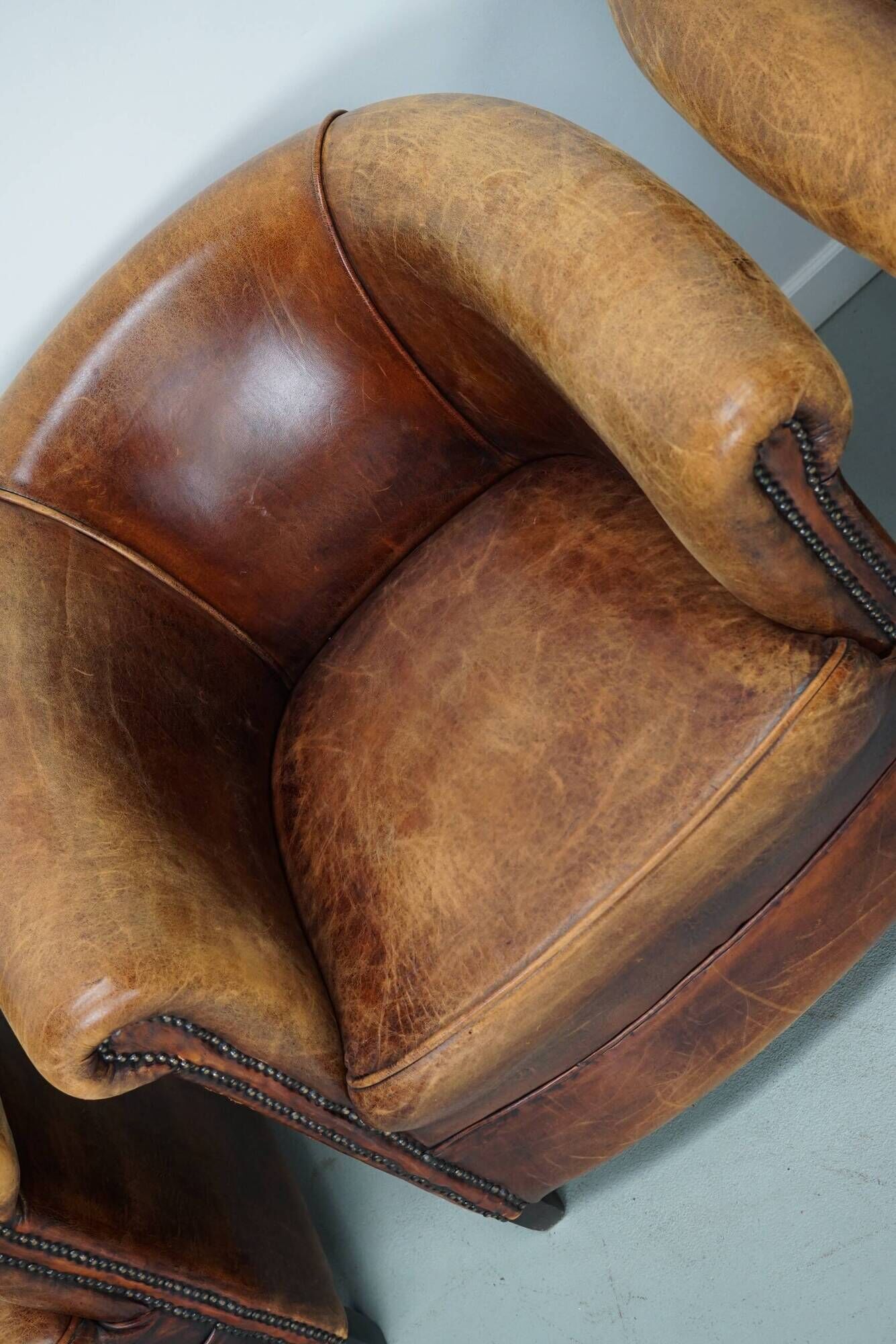 Fauteuils club vintage hollandais en cuir cognac, lot de trois
