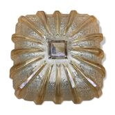 Plafonnier en verre moulé transparent & doré socle métal années 50 vintage