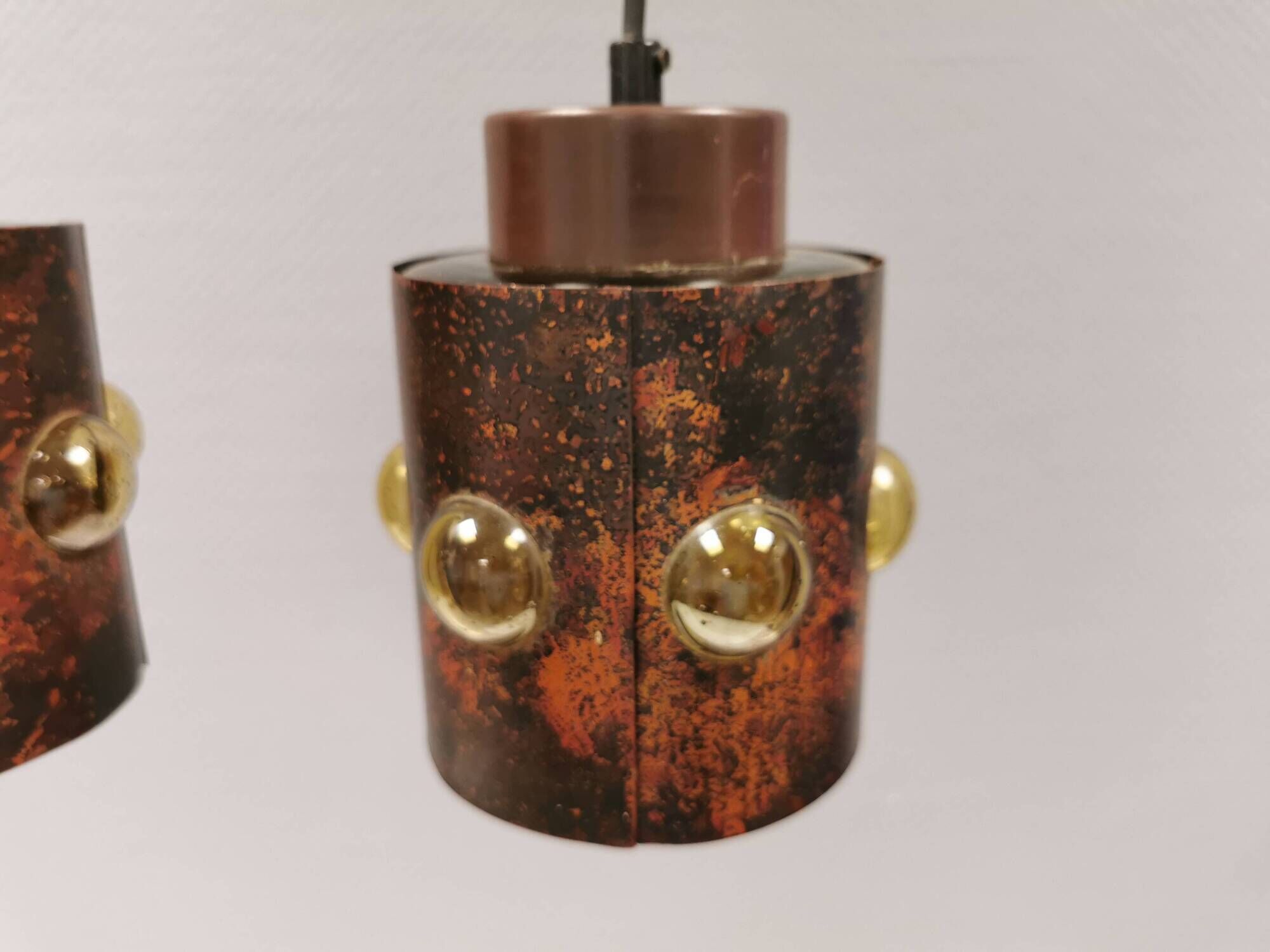 Two beautiful hanging lamps made of thin copper with inlaid glass 1970-80s