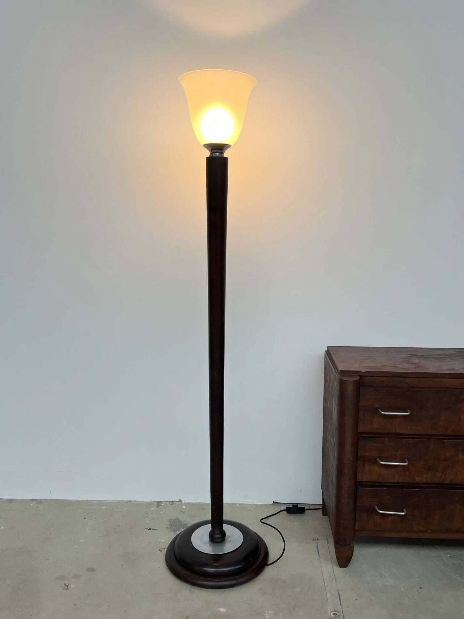 Mazda Art Deco floor lamp (1940s) – Stained wooden stem & frosted glass shade