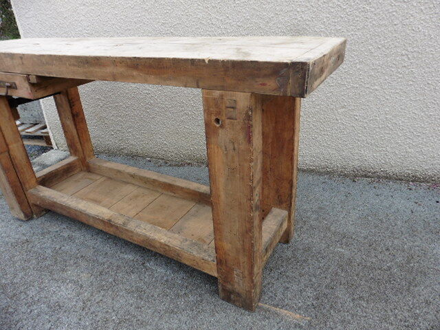 old solid wood workbench with drawer and seal