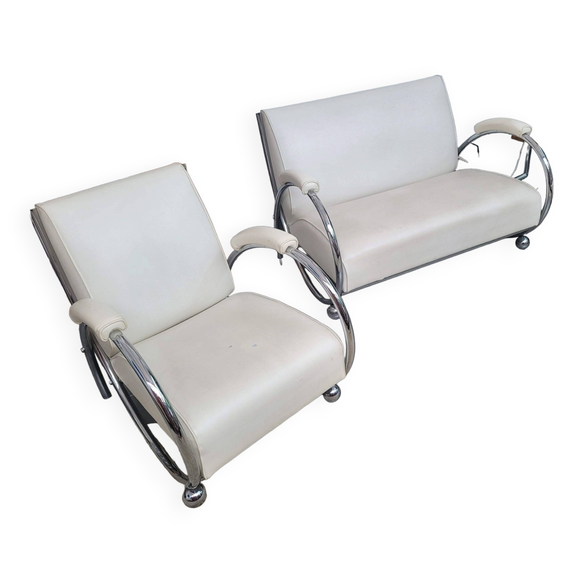 Sofa and armchair with chrome tubular structure modernist style