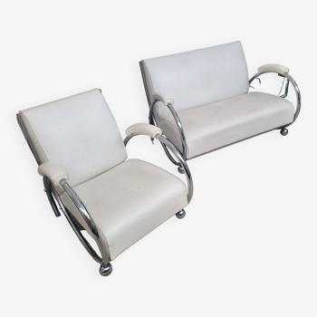 Sofa and armchair with chrome tubular structure modernist style