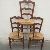 3 old straw chairs, in beech