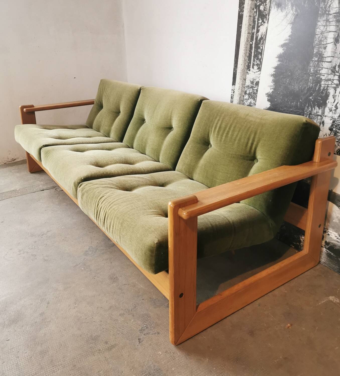 Scandinavian velvet and wood sofa