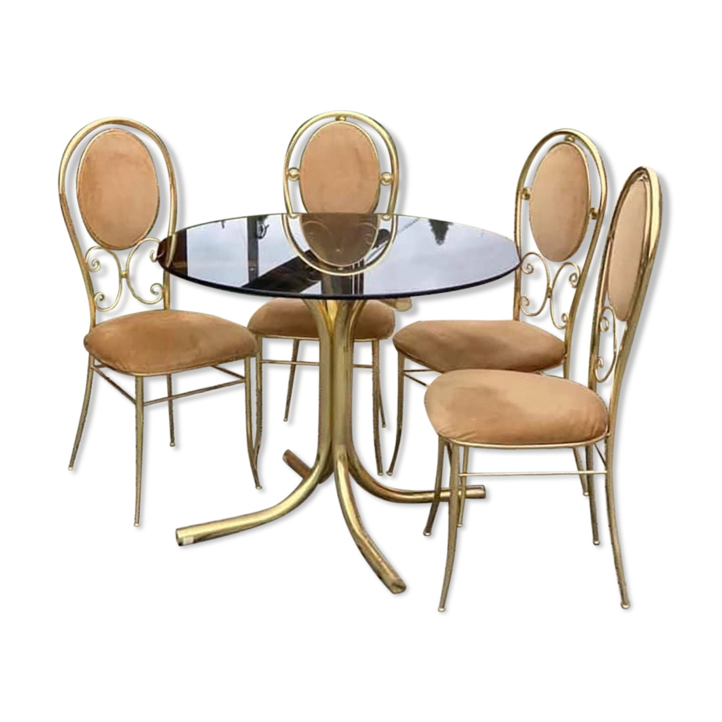 Vintage italian brass dining chairs and table by paolo salice, 1970s, set of 5