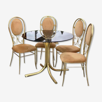 Vintage italian brass dining chairs and table by paolo salice, 1970s, set of 5