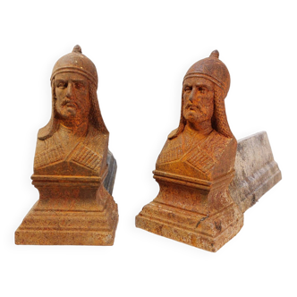 Pair of old cast iron andirons with genghis khan bust decoration