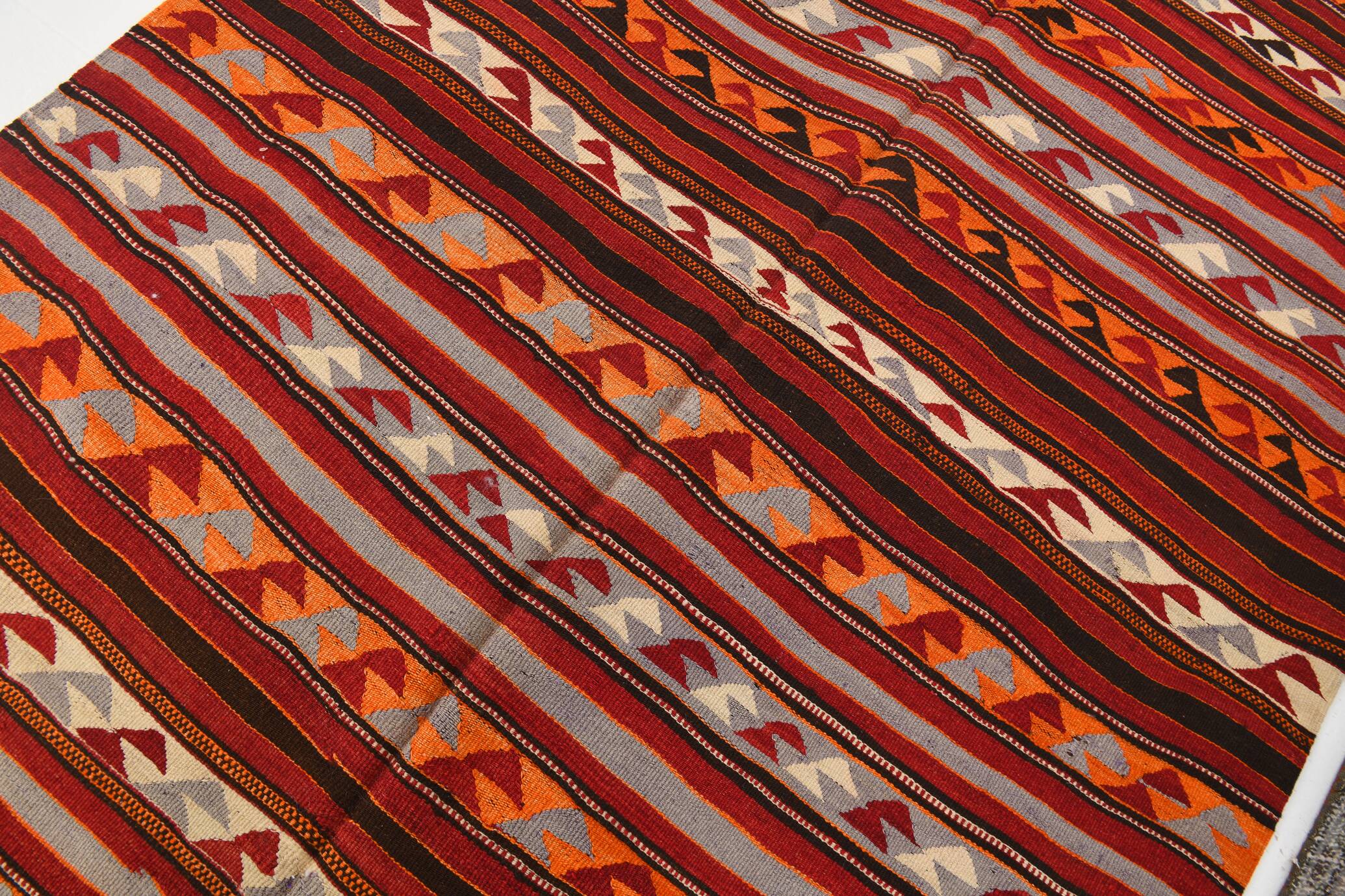 4x9 Red & Blue Turkish Kilim Rug, Living Room Rug, 133x272Cm Vintage Kilim