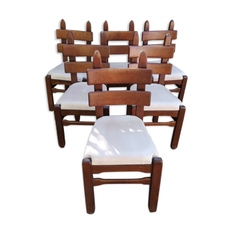 Set of 6 chairs brutalist solid oak and alcantara
