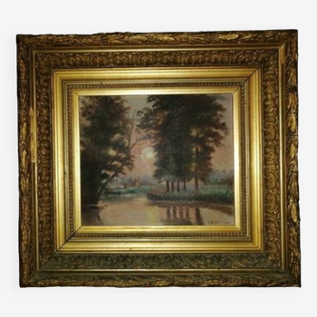 Very old oil painting signed, 1900, Superb golden frame