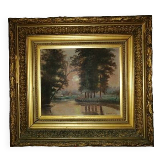 Very old oil painting signed, 1900, Superb golden frame