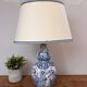 Blue and white Delft ceramic table lamp decorated with birds and flowers.