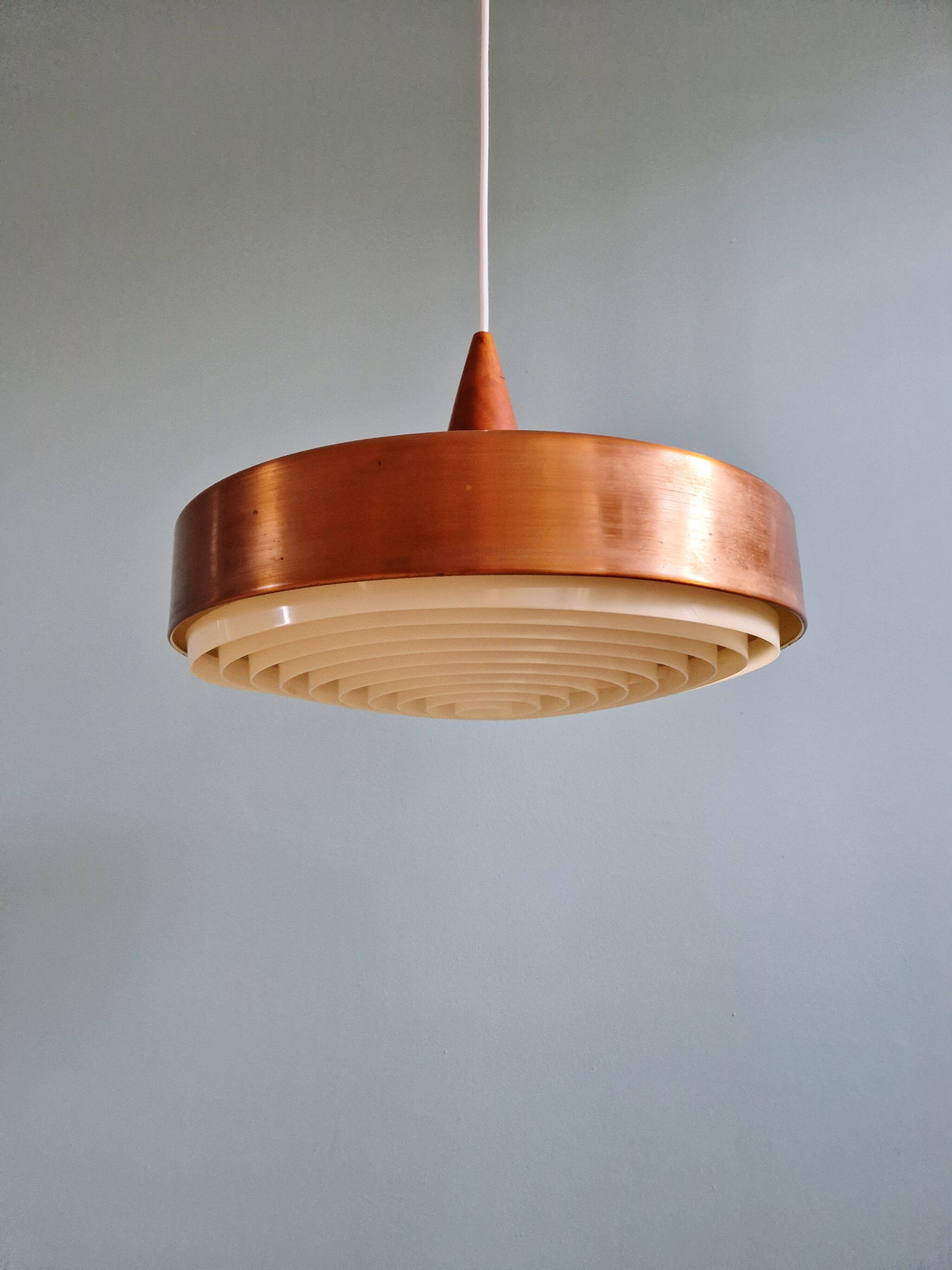 Scandinavian pendant light in copper and teak, 1960s