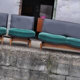 Mid-Century Danish Set 1960s — 3-seater sofa, 2 armchairs and ottoman, turquoise fabric and wood, black backs.