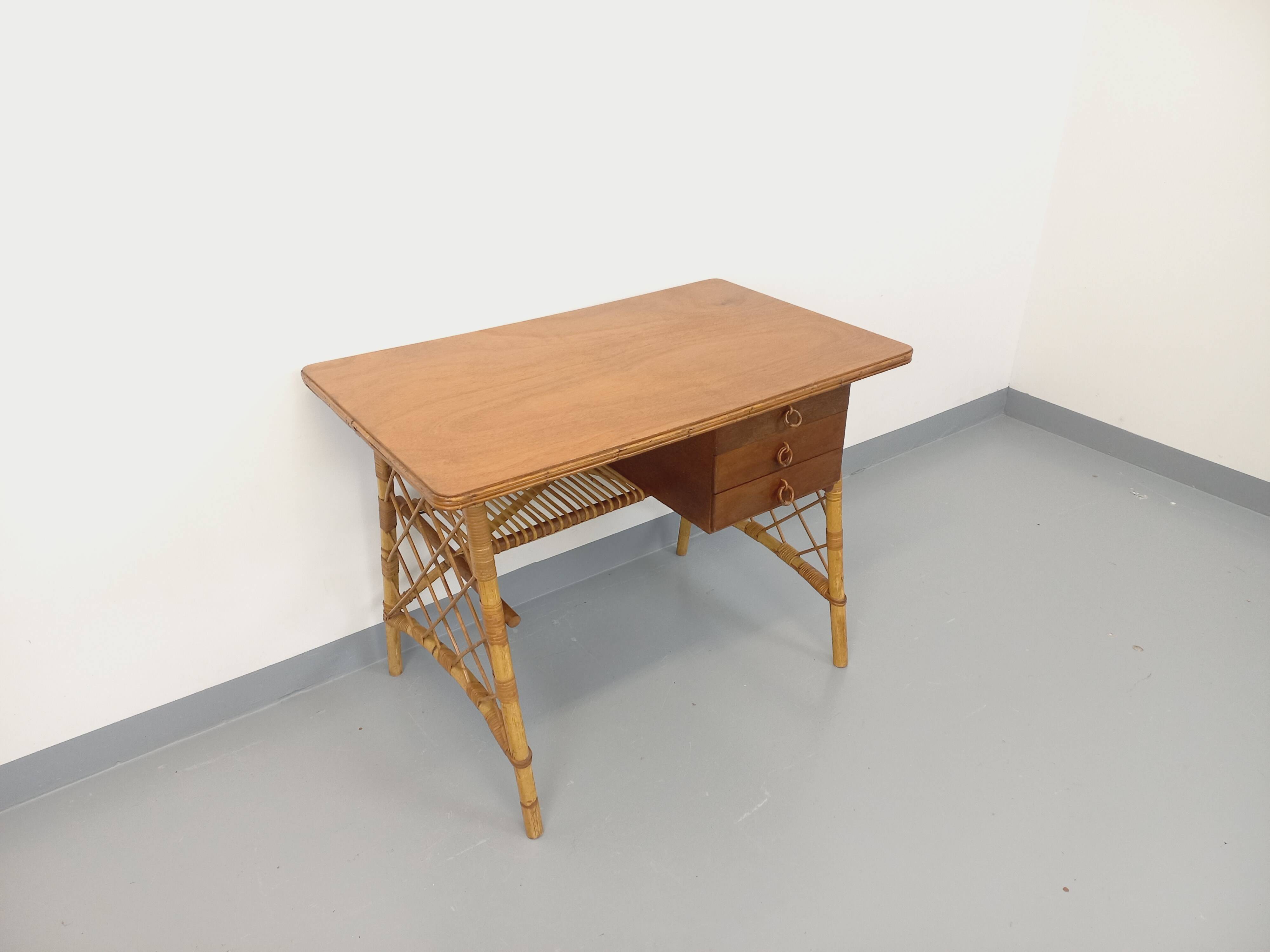 Vintage Louis Sognot desk in rattan and wood from the 1960s