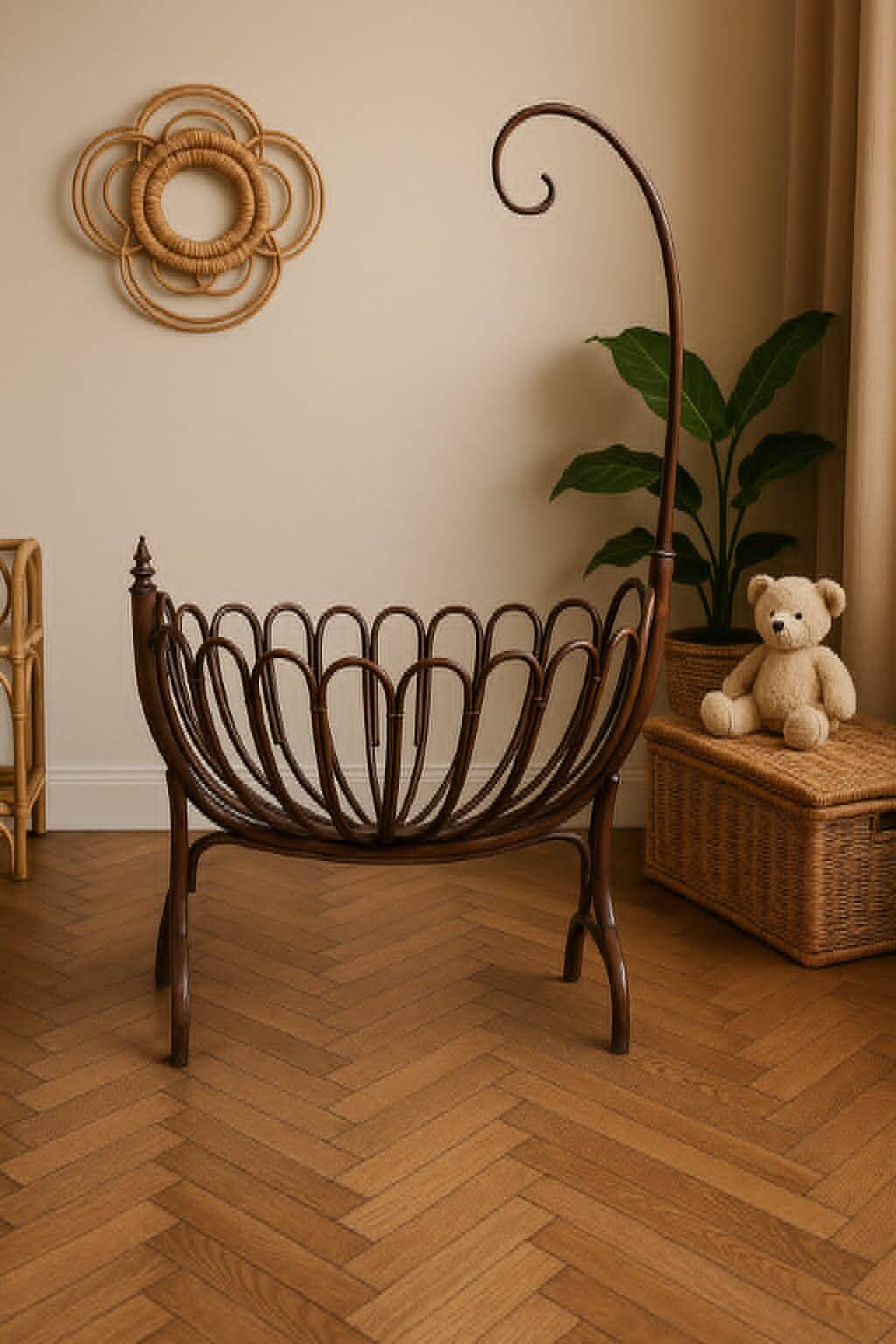 Berceau ancien en rotin cintré – modèle fleur – avec flèche pour voile