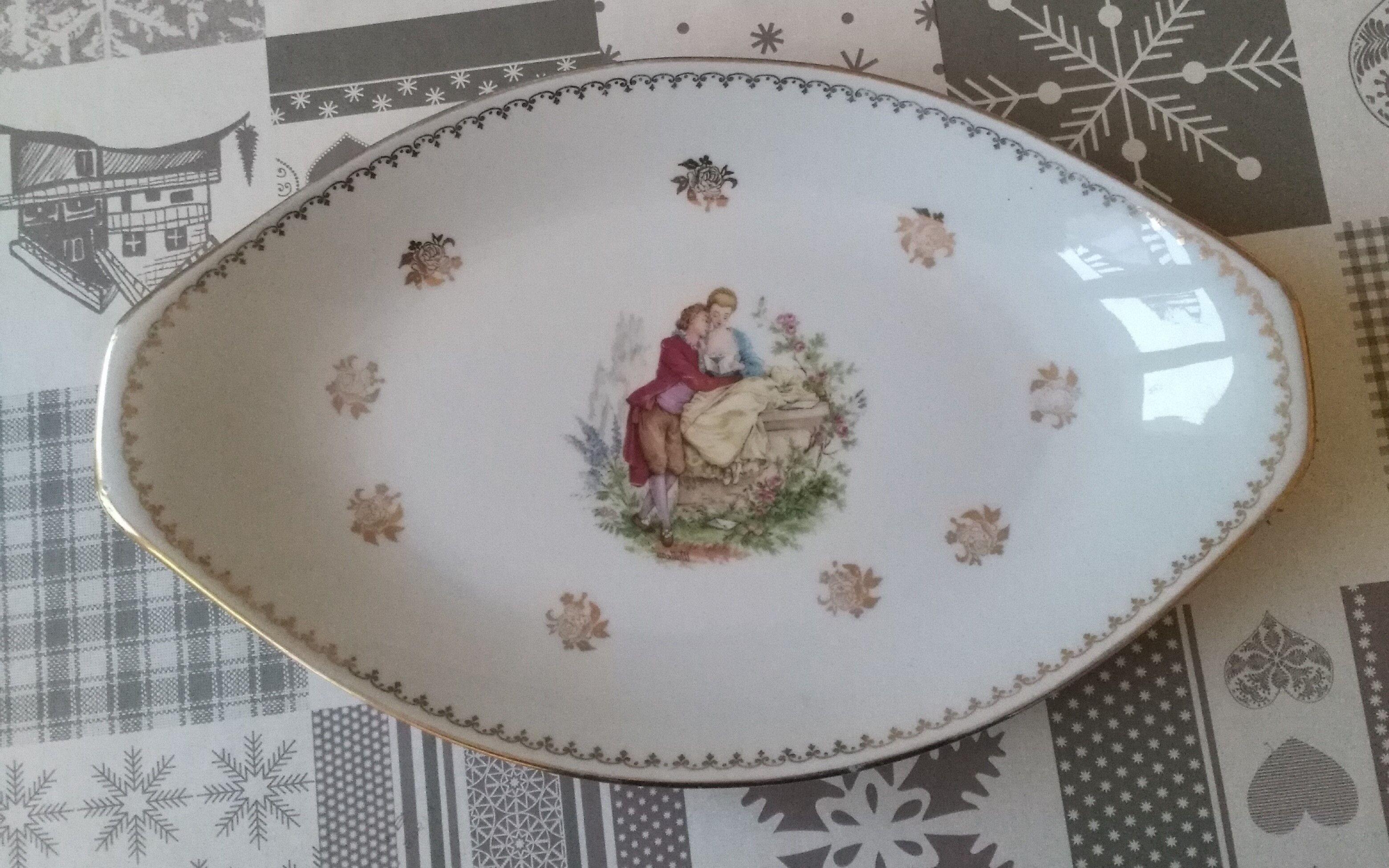 Diamond dish in Limoges porcelain decoration gallant scene