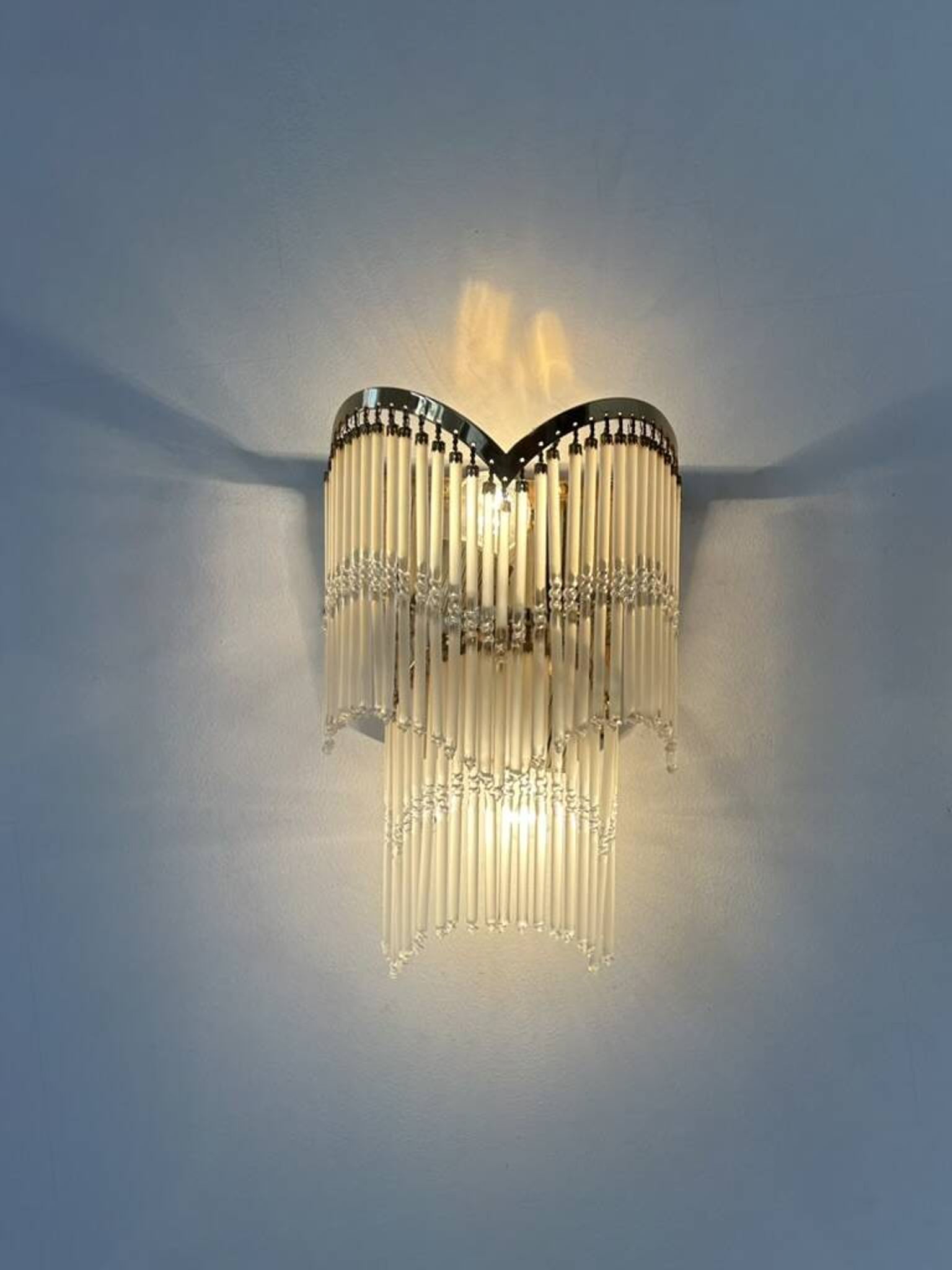 Pair of vintage wall lights, brass and glass pendants, Italy 1970.