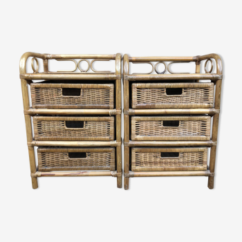 Pair of vintage bedside tables, with 3 drawers, bamboo and rattan