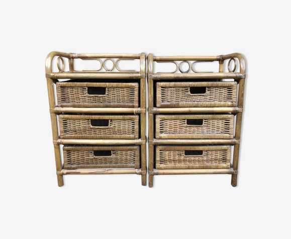 Pair of vintage bedside tables, with 3 drawers, bamboo and rattan