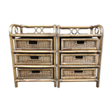 Pair of vintage bedside tables, with 3 drawers, bamboo and rattan