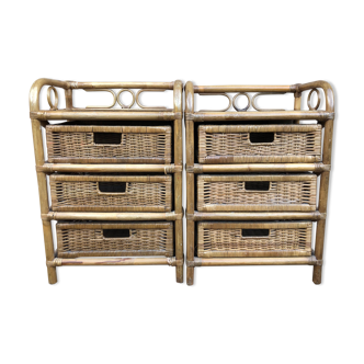 Pair of vintage bedside tables, with 3 drawers, bamboo and rattan