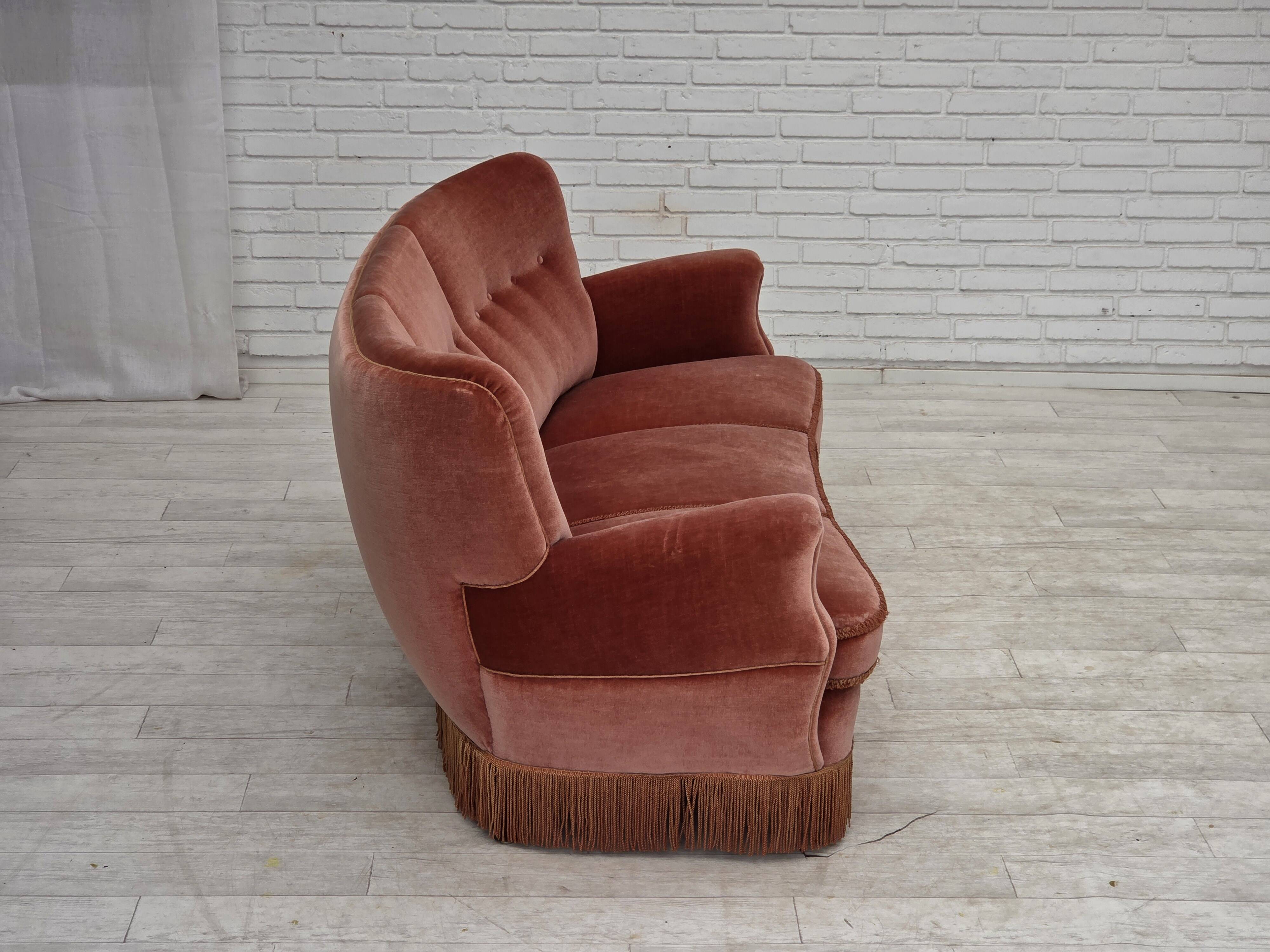 1970s, 3-seater Danish curved sofa, pink furniture velour.