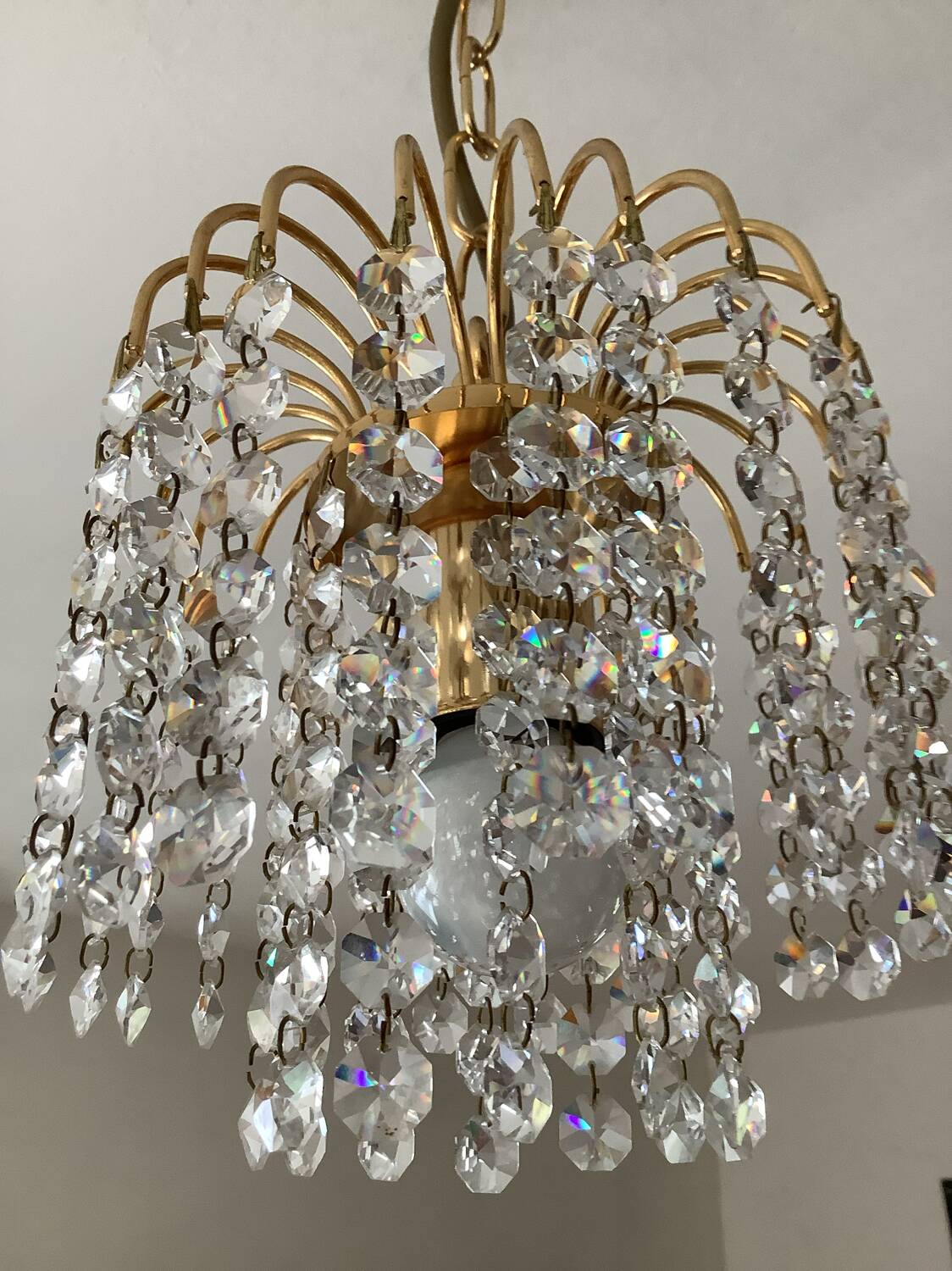 Small vintage brass chandelier with crystal droplets