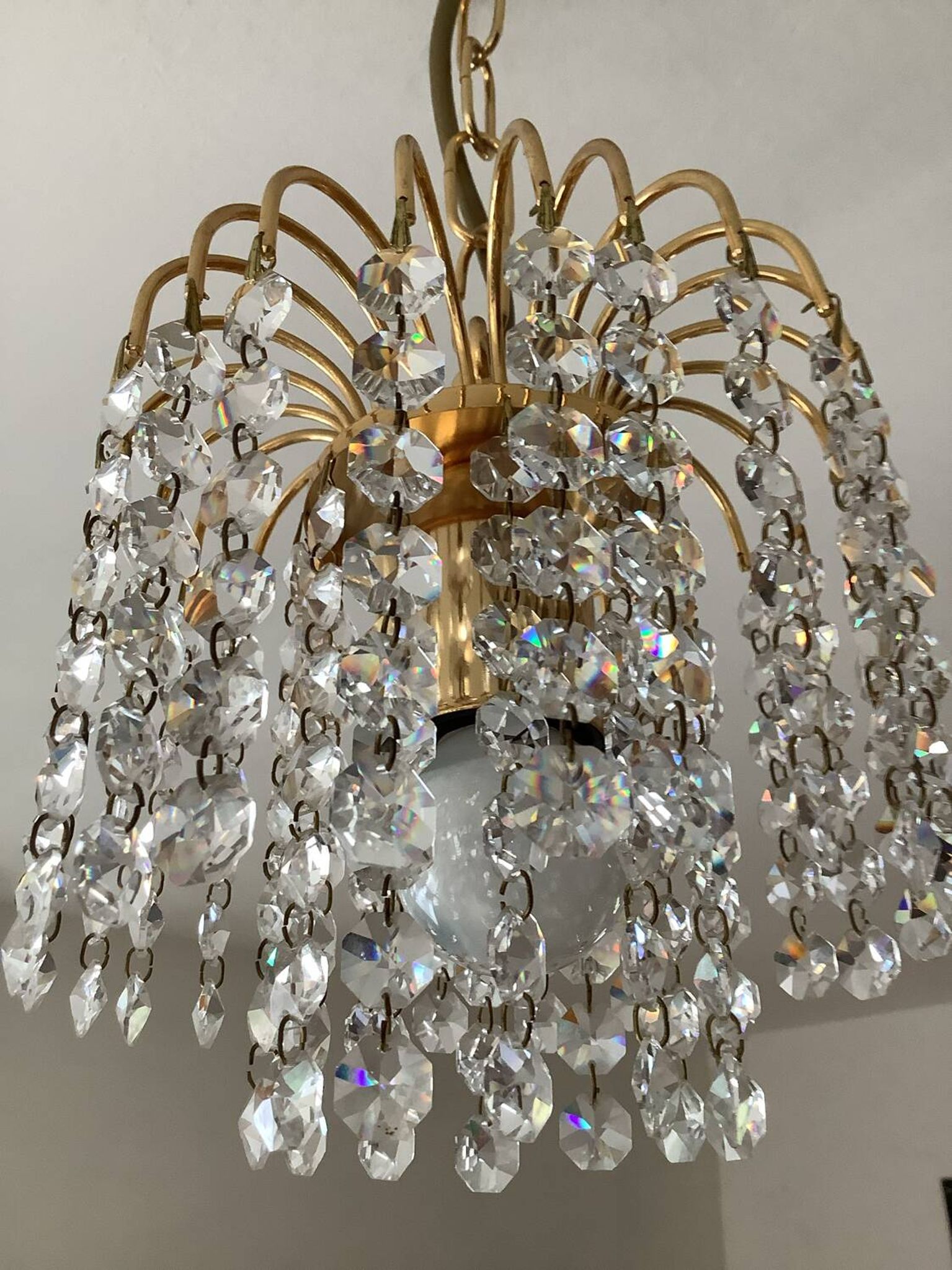 Small vintage brass chandelier with crystal droplets