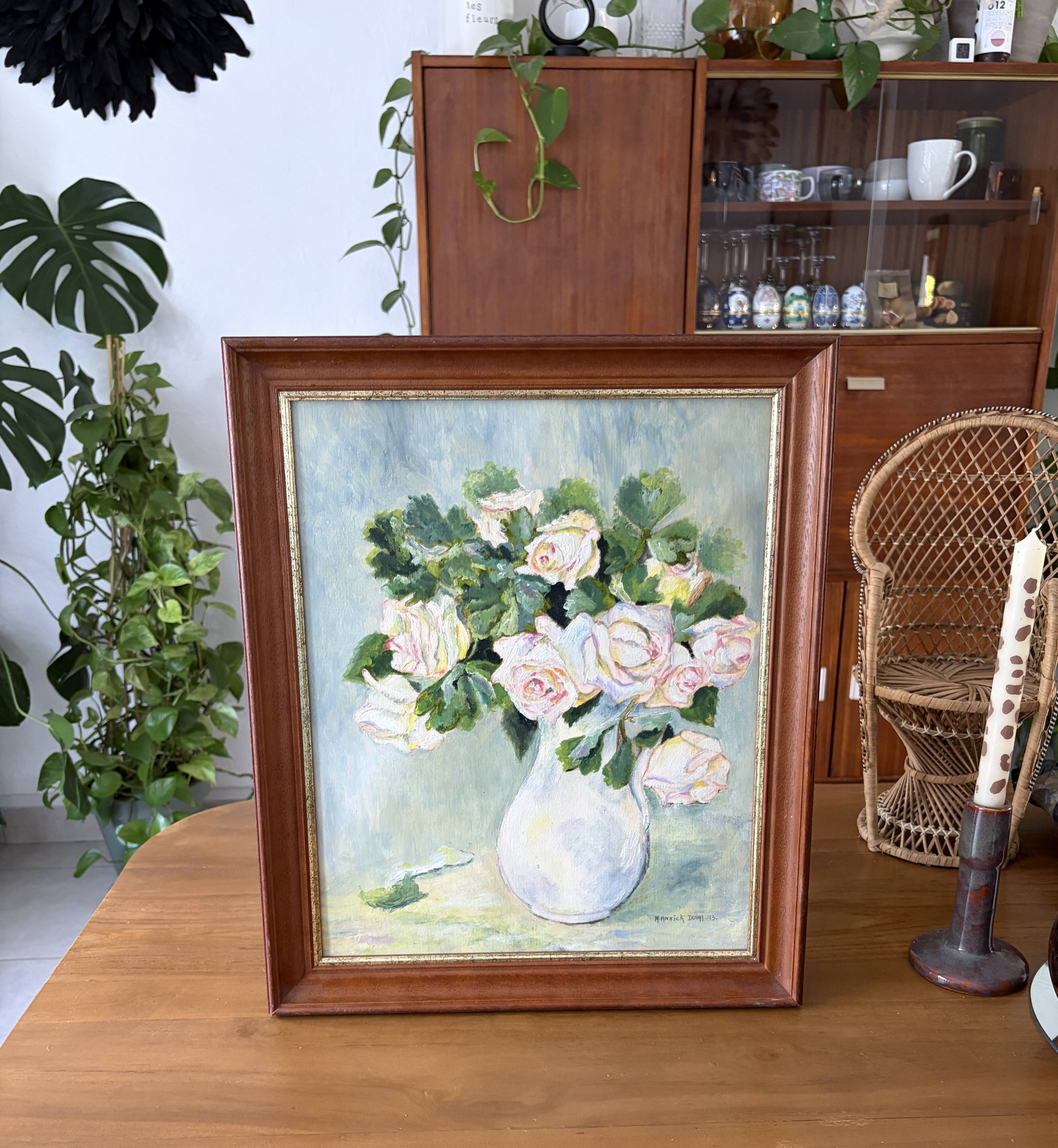 Oil painting / vintage framed rose flowers