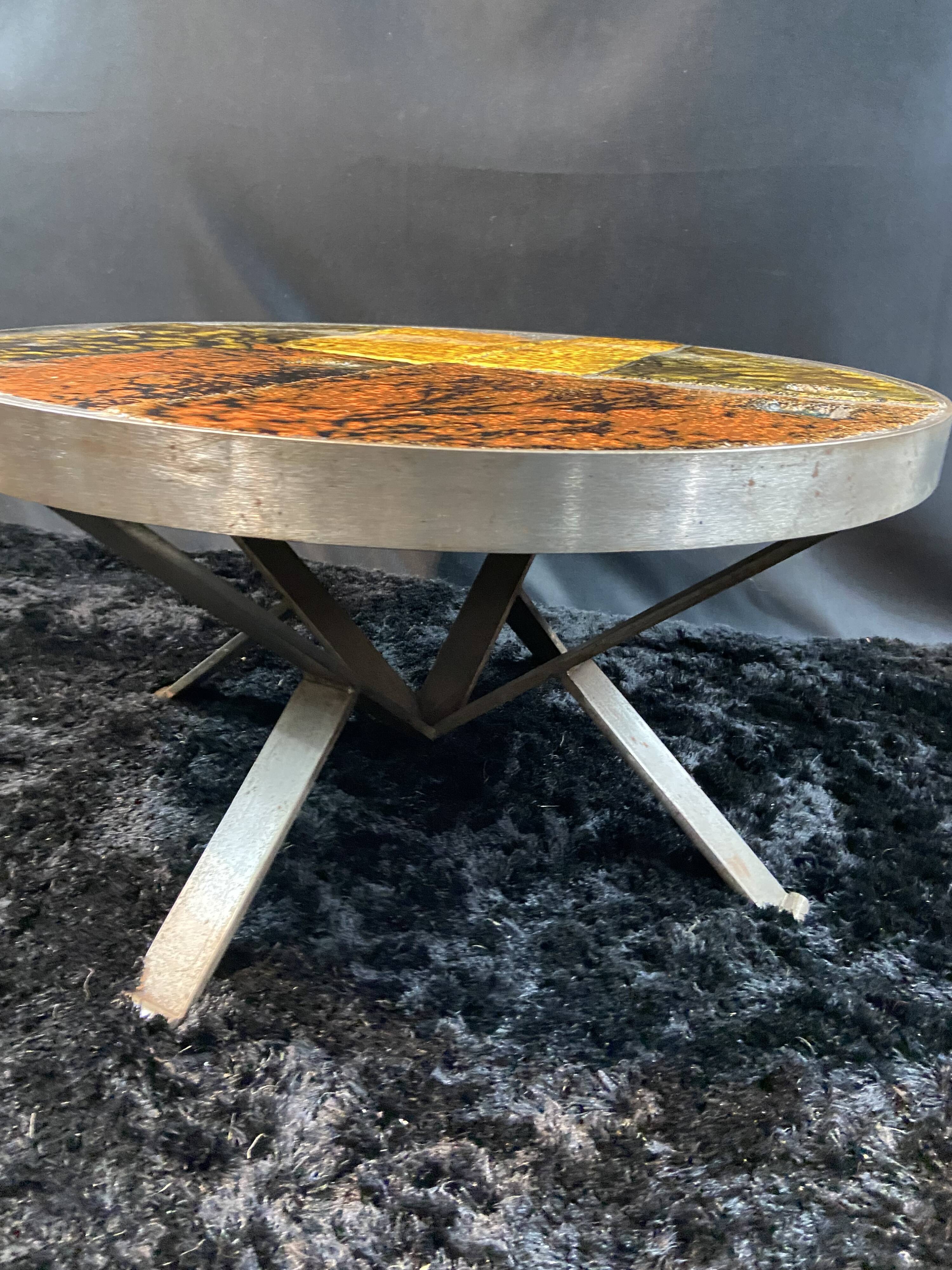 Roche Bobois coffee table design 1960-1970 ceramic top on metal.