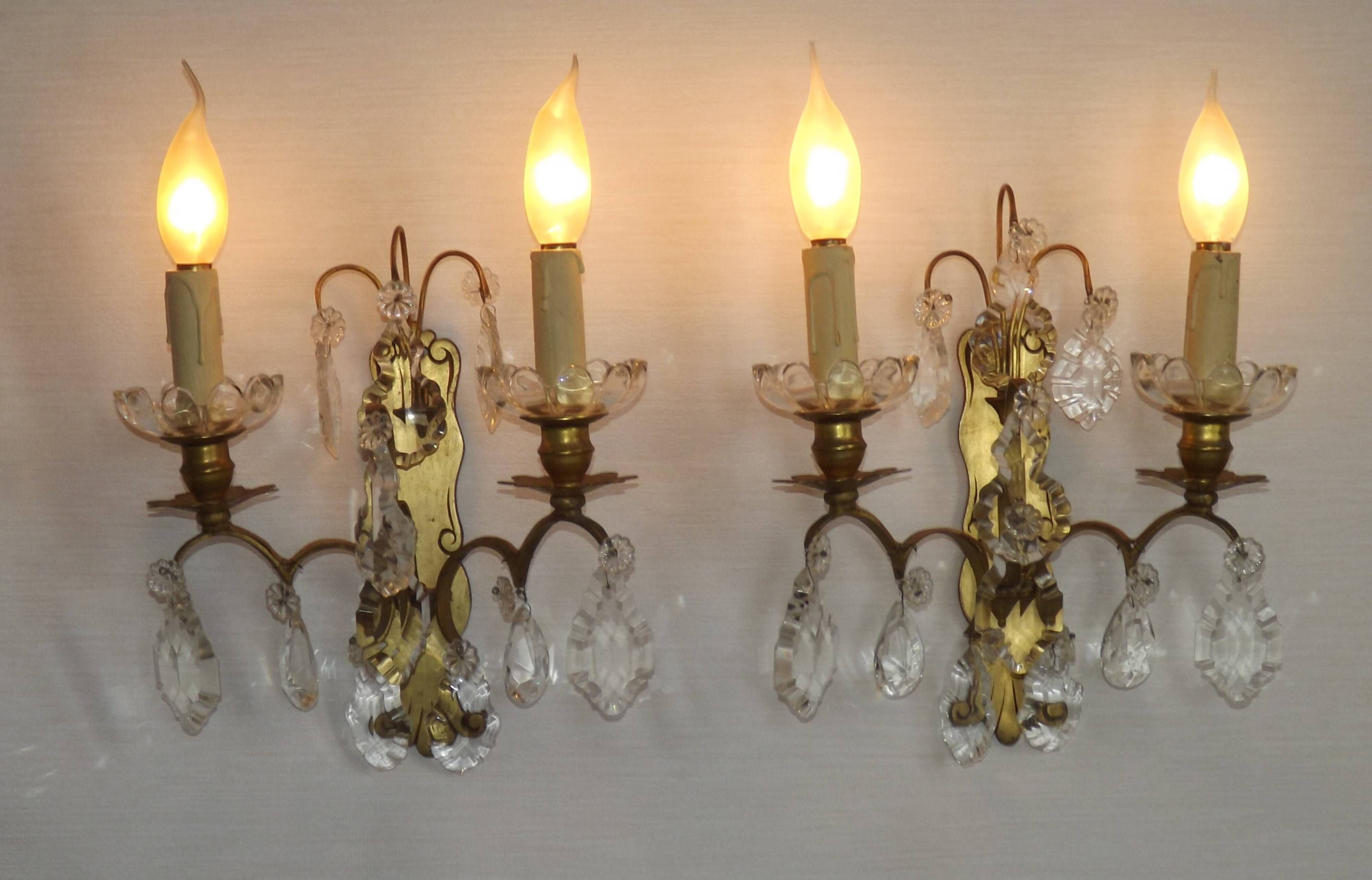Pair of French Double Brass & Glass Wall Lights Adorned With Crystals