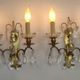 Pair of French Double Brass & Glass Wall Lights Adorned With Crystals