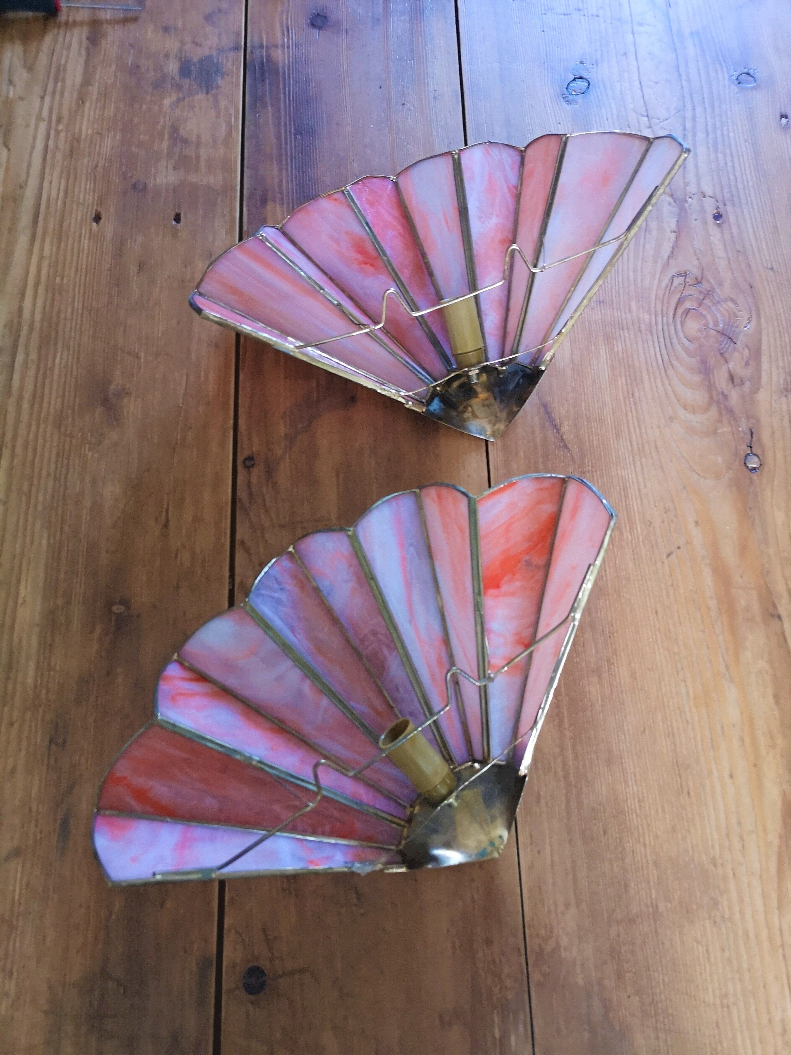 Pair of art deco fan wall light in brass and glass paste