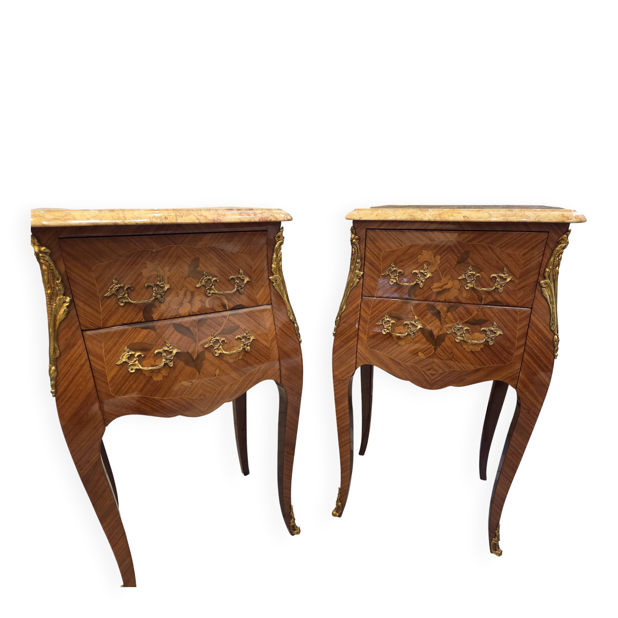 Pair of bedside tables in Louis XV style with marquetry - marble