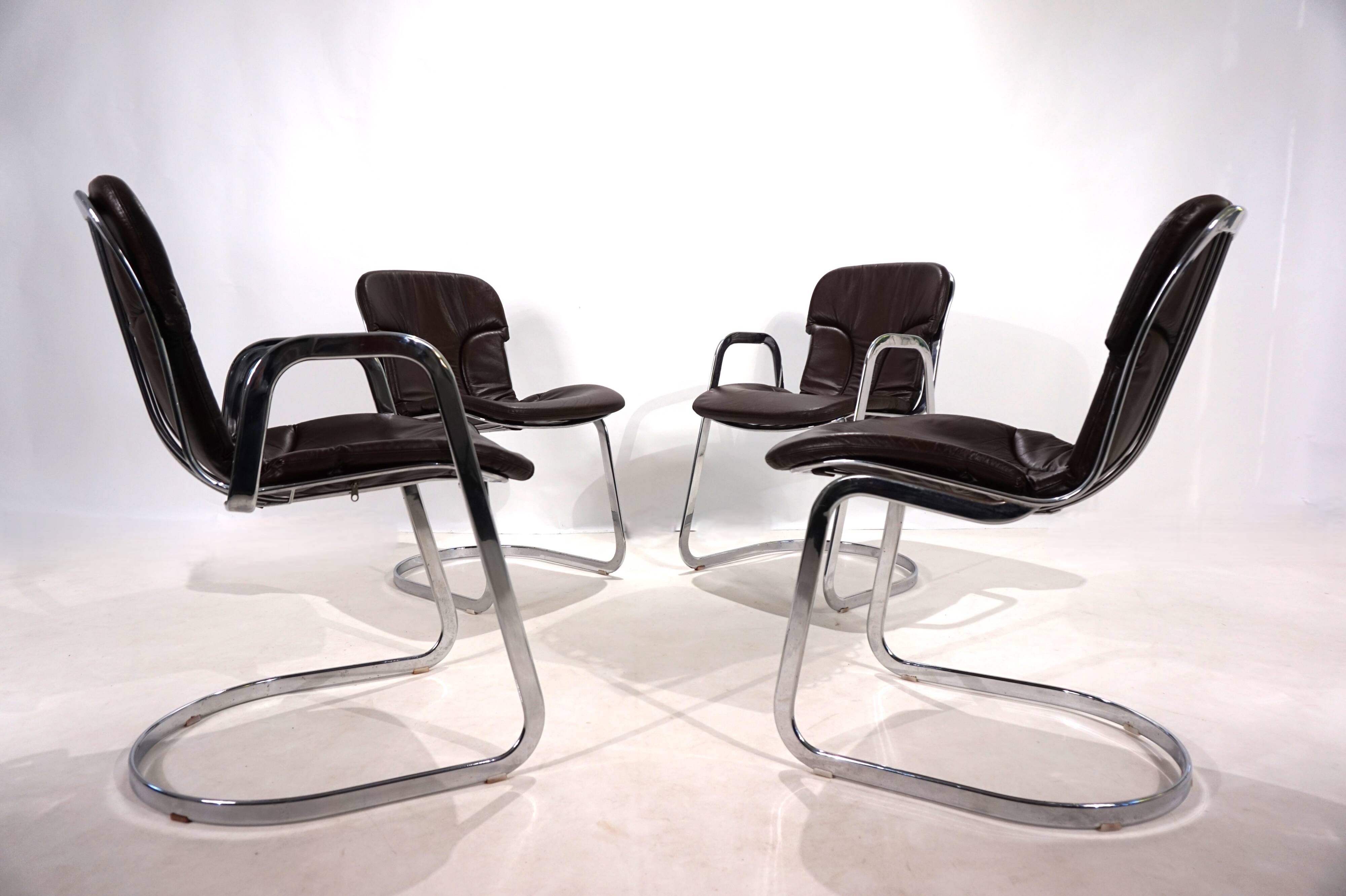 Set of four Cidue leather chrome cantilever chairs by Willy Rizzo, 1970