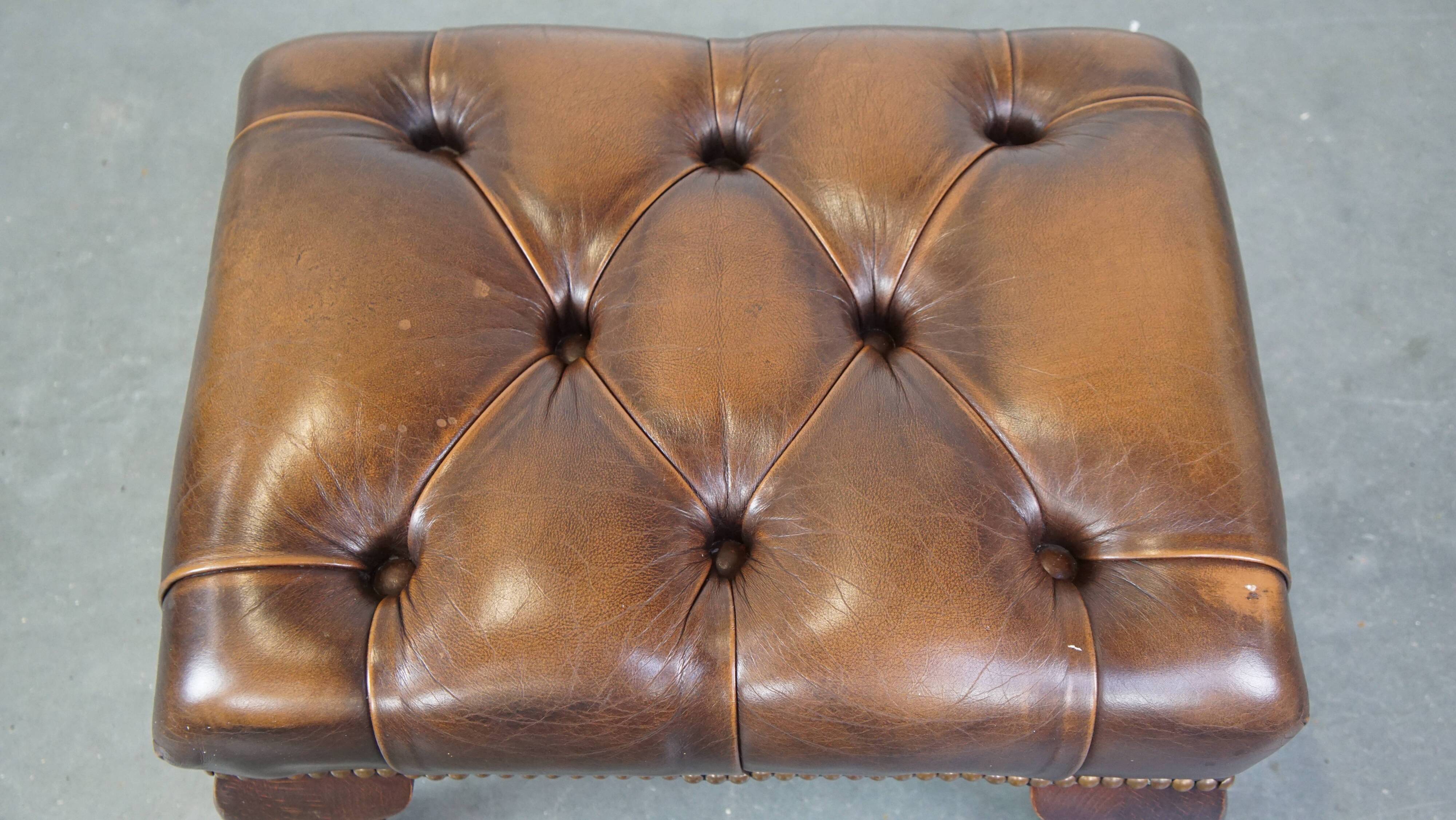 Brown cow leather chesterfield footstool