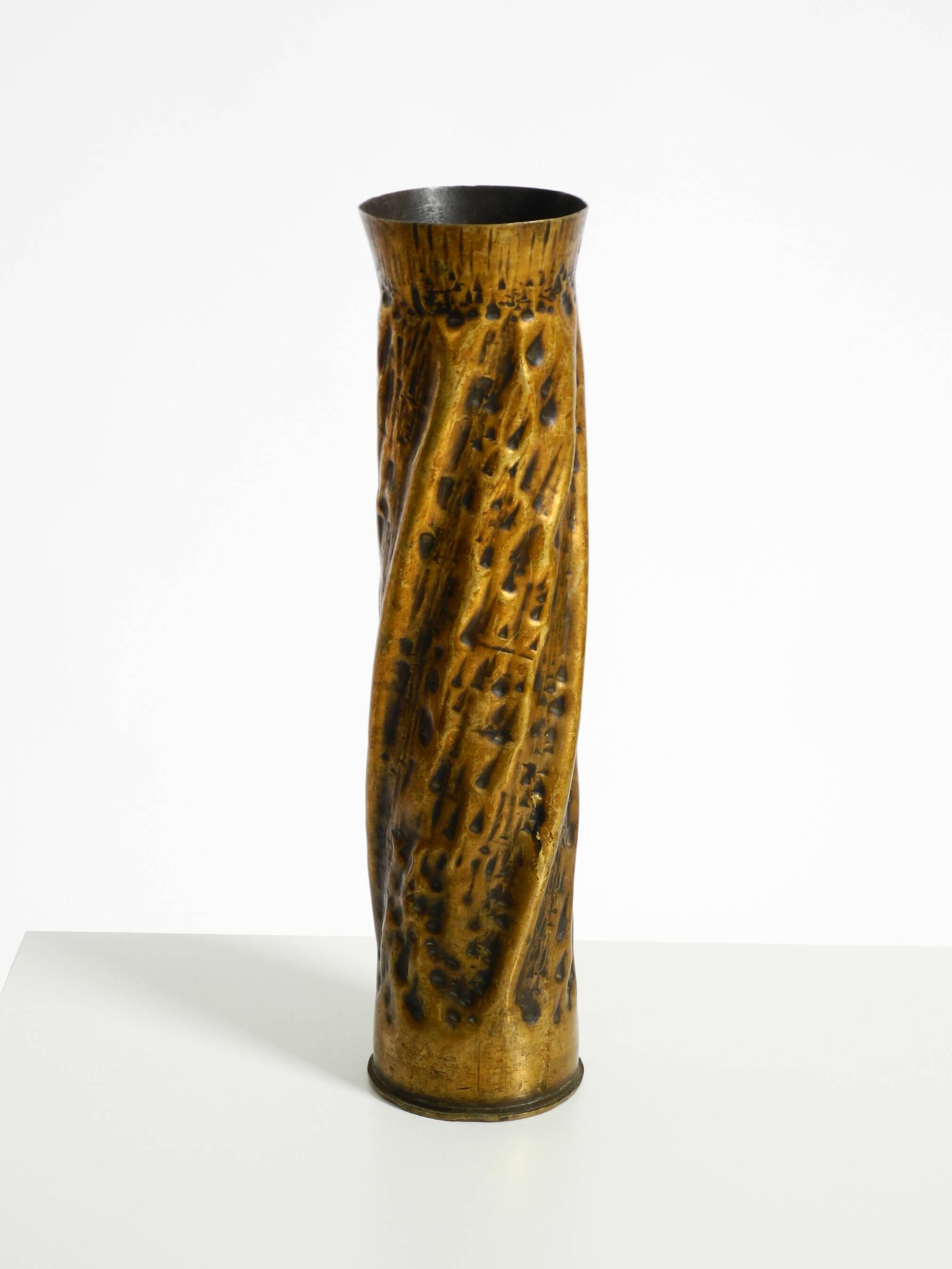 Unique large brass vase in a Brutalist design, handcrafted in December 1975