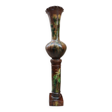 Large ceramic vase on a column, 1.49 meters tall, circa 1900, in its original condition.