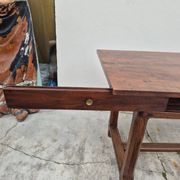 Table de Ferme bourguignonne à entretoise en noyer massif 19éme deux tiroirs-1m82